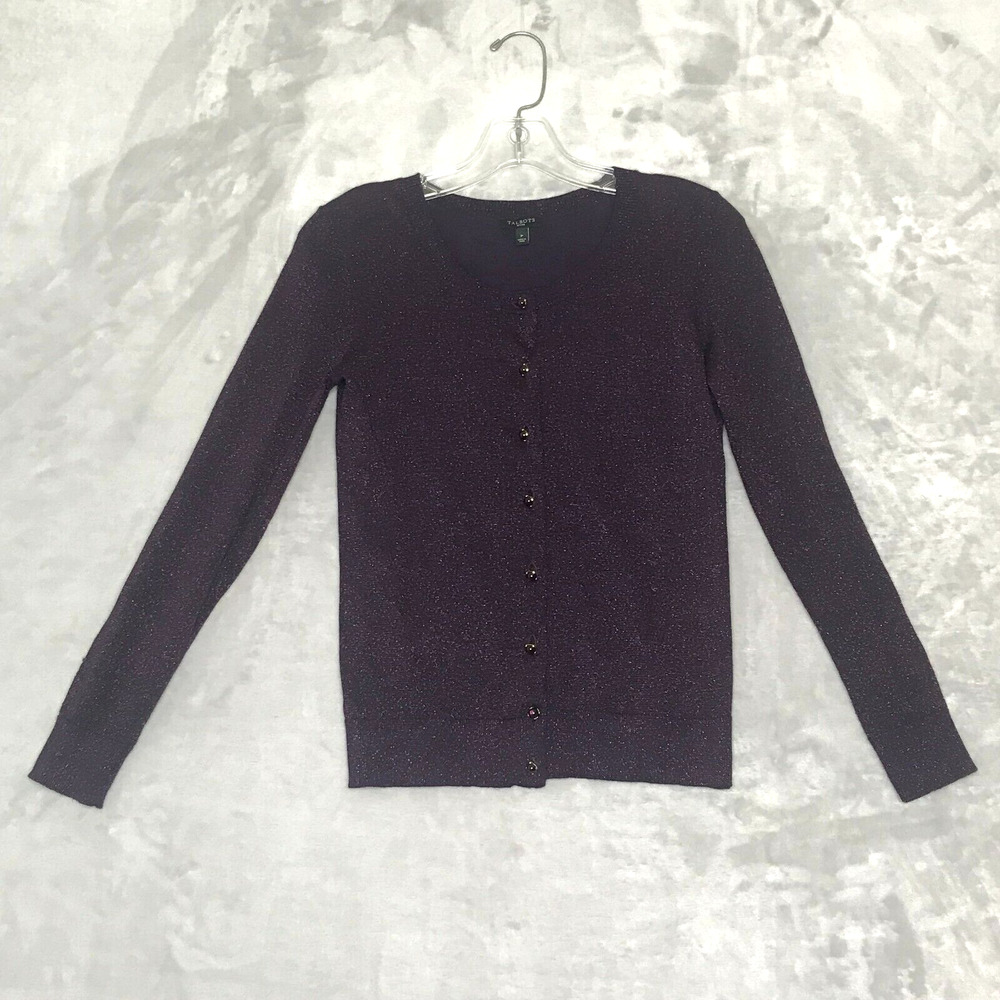 Talbots Cardigan Sweater Womens Petite Purple Metallic Button Front Crew Neck